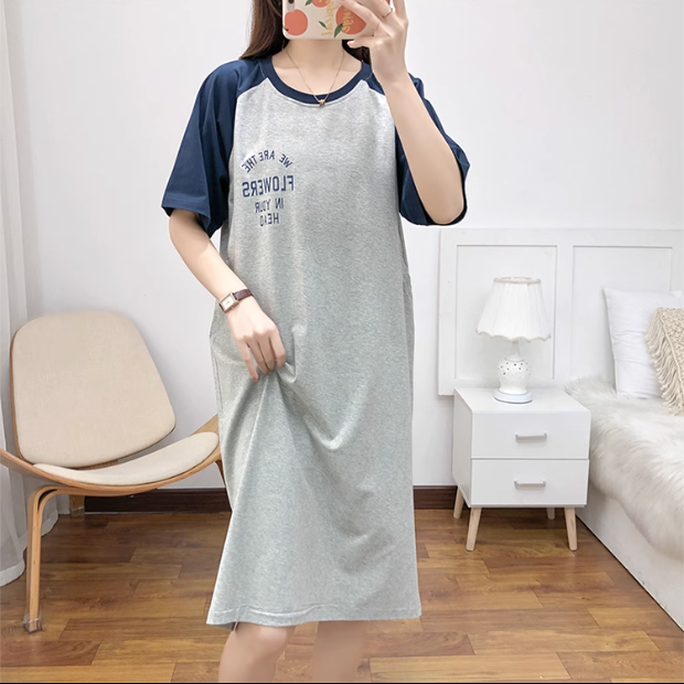 6月份夏季哺乳连衣裙过膝长款大码短袖孕妇裙子外穿显瘦喂奶t恤