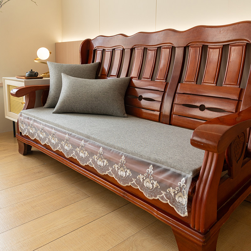 夏季纯色亚麻实木沙发垫可拆洗