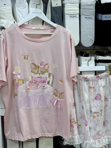 可爱卡通短袖睡衣套装女软萌小熊印花蕾丝花边宽松少女家居服夏季