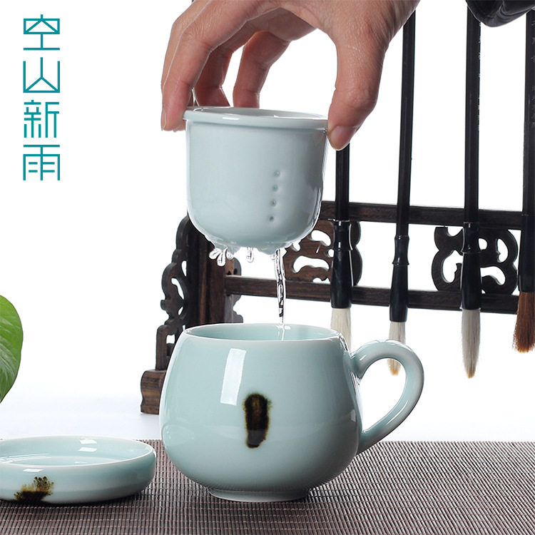 空山新雨 龙泉青瓷茶水分离办公茶杯泡茶杯 嘟嘟杯家用陶瓷礼品