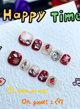 儿童新年美甲秋冬爆款红色带钻爆闪星星穿戴甲3-12岁女童短款指甲