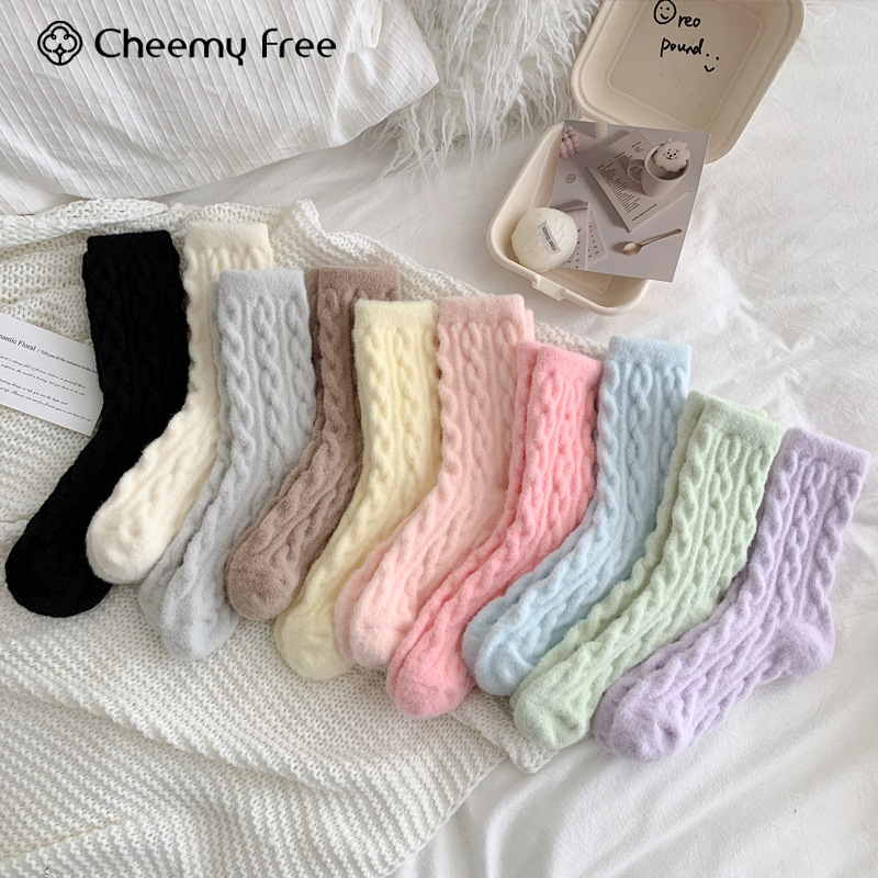 CHEEMY FREE韩系纯色甜美保暖糖果色女中筒袜时尚百搭暖绒堆堆袜