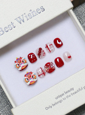 儿童穿戴甲节日红色可爱醒狮纯手工美甲贴片成品新年款假指甲可拆