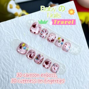 儿童新年美甲高级感粉色猫眼手绘爱心烟花气球穿戴甲学生短款指甲