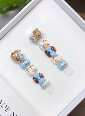 纯手工儿童穿戴甲高级感甜酷立体黑皮Kittty美甲女童小朋友短指甲