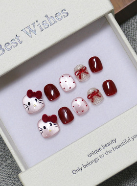 儿童穿戴甲新年爆款KT猫酒红色显白公主美甲贴片可爱蝴蝶结假指甲