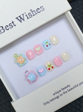 儿童款穿戴甲纯手工光疗美甲3-12岁可爱卡通马卡龙色系假指甲贴片