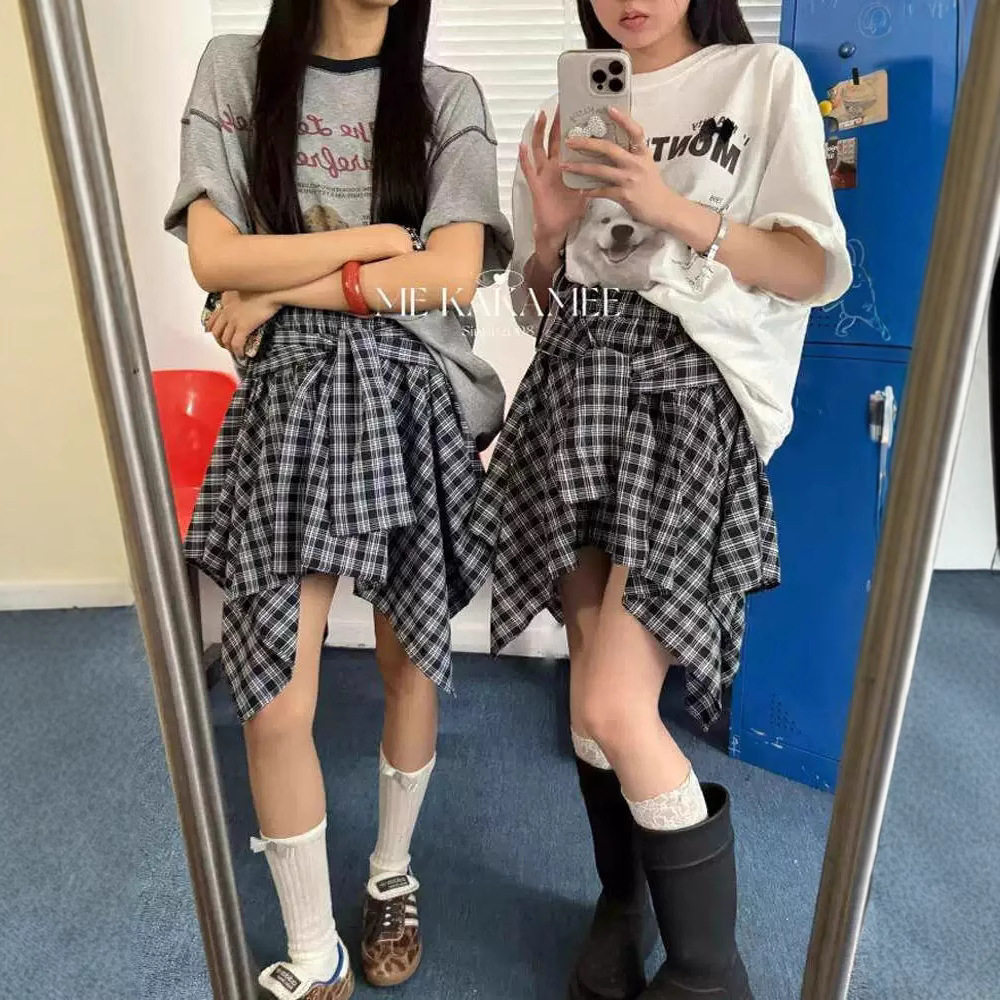 美式复古绑带假两件不规则格纹短裙夏松紧腰辣妹a字半身裙3色高腰