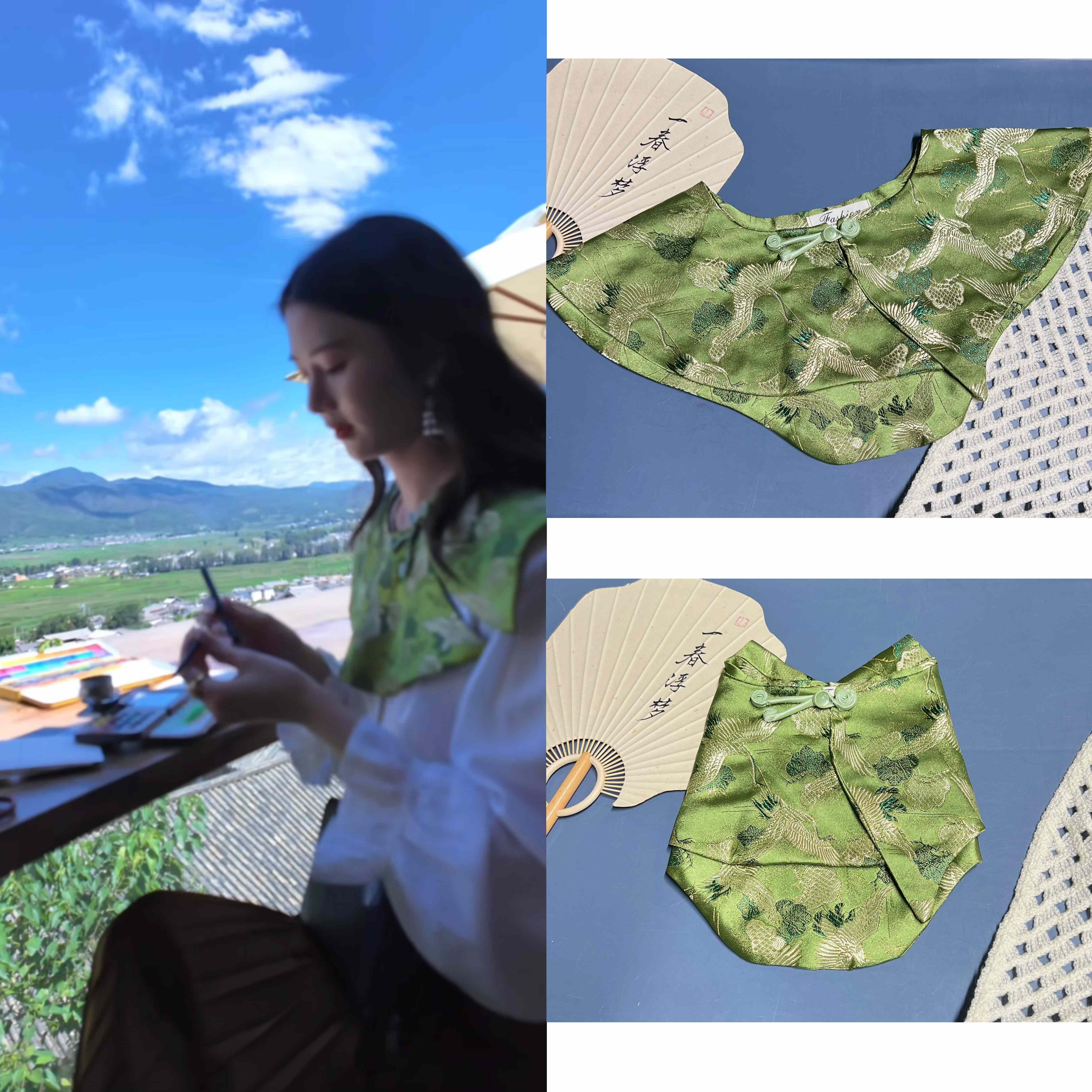 抖音博主同款绿色仙鹤云肩新中式国风盘扣假领子古风汉服旗袍配饰