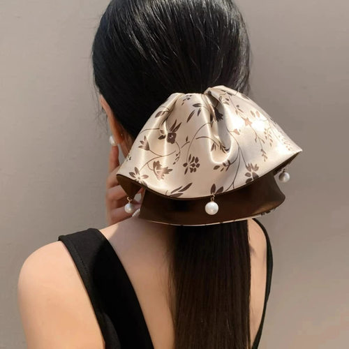 新中式花朵珍珠缎面马尾抓夹女后脑勺感气质发夹半扎发头饰