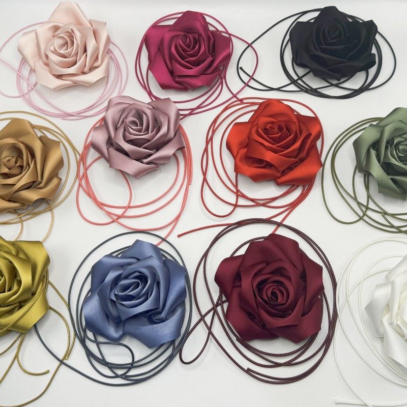 礼服连衣裙花朵腰绳复古立体缎面玫瑰项链发带chocker腰间配饰女