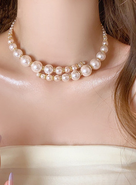 高级感双层交叉珍珠锁骨脖颈链女