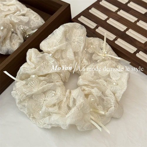 韩版重工刺绣花朵珍珠丝带蝴蝶结大肠发圈感扎头绳女发绳头花