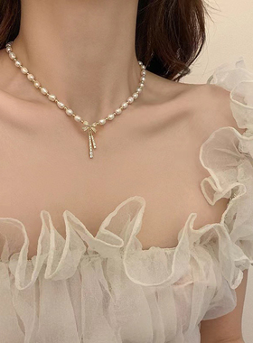 小米粒珍珠项链轻奢小众蝴蝶结颈链锁骨链女夏气质名媛时尚夏季