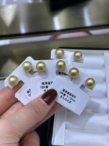 天然南洋海水金珠耳钉 9～10mm圆强光极微瑕经典素钉  18k金针