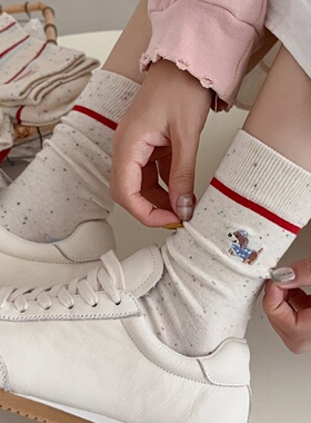 全店满15包邮日系袜子女中筒春秋外穿卡通可爱点子纱小狗红色潮袜