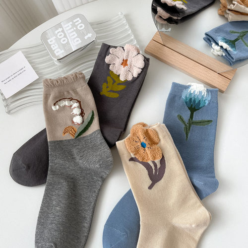 外穿女士全棉花朵中筒袜