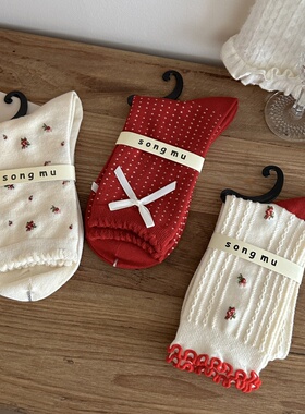 全店满15包邮春秋天袜子女中筒袜红色系潮复古民族风小碎花诸暨袜