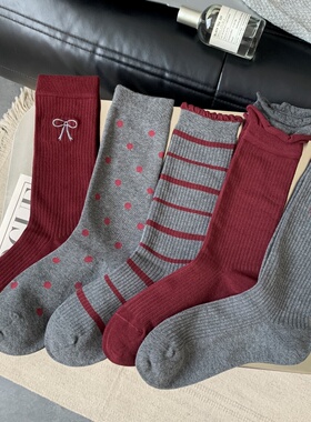 全店满15包邮春秋天袜子女中筒袜个性红色系点点条纹蝴蝶结日系潮