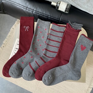 红色系点点条纹蝴蝶结日系潮 春秋天袜子女中筒袜个性 全店满15 包邮