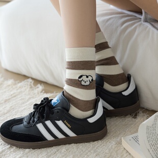 全店满15 春秋天袜子女中筒袜粗条纹狗狗刺绣潮外穿无骨袜头袜 包邮