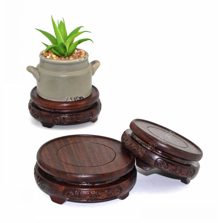 奇玉石头摆件底座工艺品茶壶茶杯花瓶盆景香炉实木黑梓木圆形木托