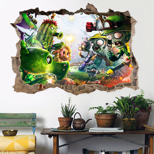 可爱植物大战僵尸卡通墙贴游戏漫画行李箱贴纸可移除防水壁画壁纸
