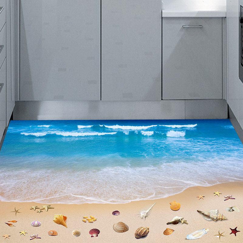 3D立体创意海滩海浪沙滩贝壳商场客厅厨房走廊防水地贴地面贴定制