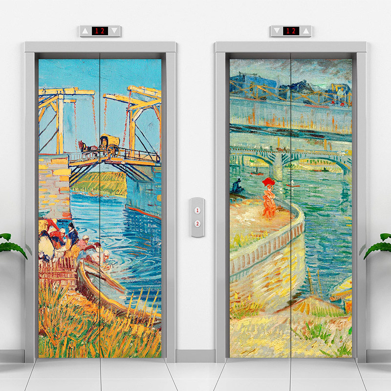 梵高风景画电梯门贴纸装饰画