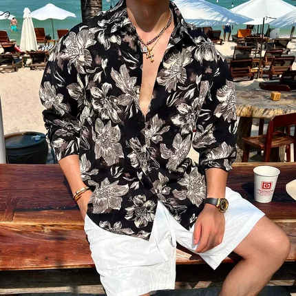 凉感轻奢「水墨花卉 晕染满印」夏季度假长袖衬衫男宽松防晒上衣