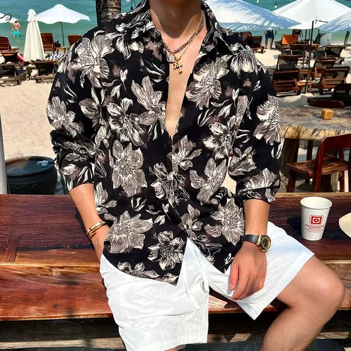 凉感轻奢「水墨花卉 晕染满印」夏季度假长袖衬衫男宽松防晒上衣