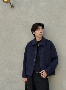 26新巴家【羊驼毛】黑标苏力冬季宽松衬衫领男士短款毛呢外套夹克