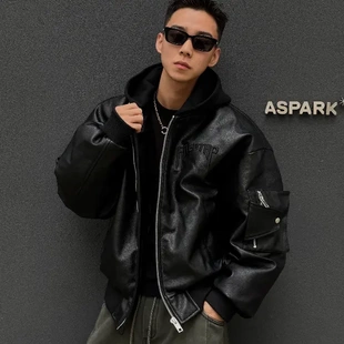 高街奢感立体压印PU皮衣90白鸭绒夹克宽松潮流时尚 羽绒皮衣男士