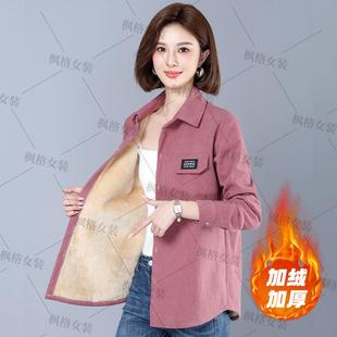 新款条绒加绒加厚棉衣外套 韩版休闲宽松大码安可拉红保暖棉服