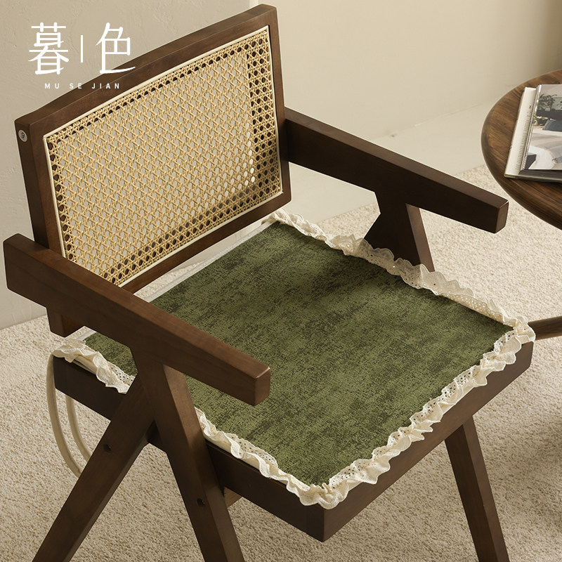法式裙边椅垫中古绿四季餐桌椅化妆台垫单人沙发垫复古单个座垫子