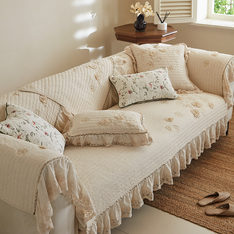 棉麻沙发垫复古棉布沙发盖毯水洗棉绗缝蕾丝花边防滑防尘罩可定制