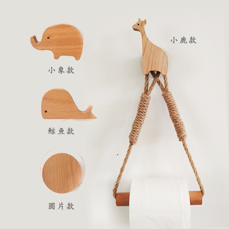 创意小动物木质挂钩纸巾架麻绳