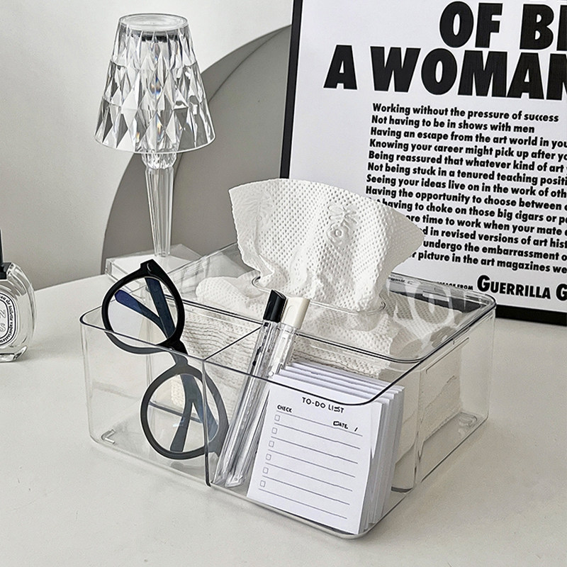 笔筒办公室桌面简约亚克力透明笔桶斜插式书桌多功能纸巾收纳盒
