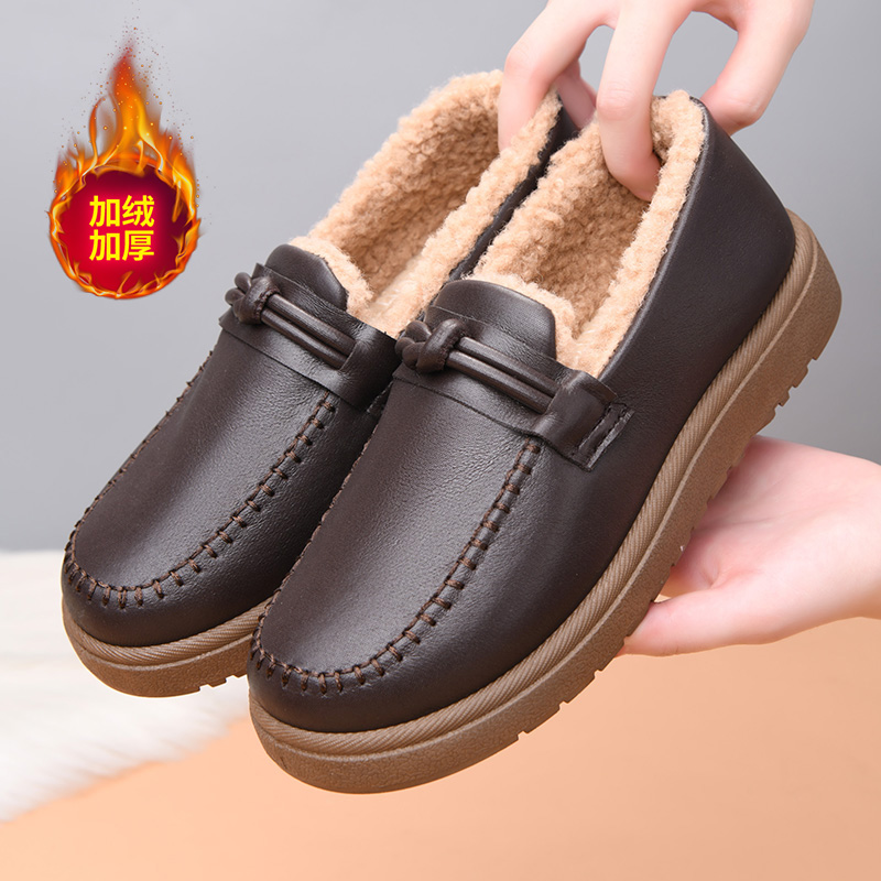 冬季老北京棉鞋女皮面加绒保暖妈妈鞋雪地靴防滑加厚女士棉靴防寒
