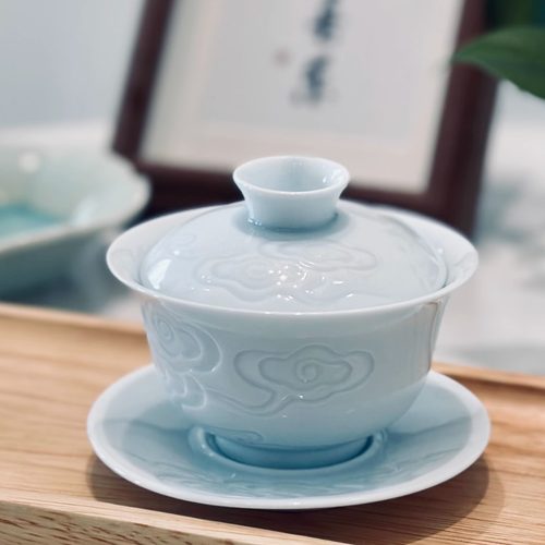 影青盖碗三件套不烫手影雕茶盖碗