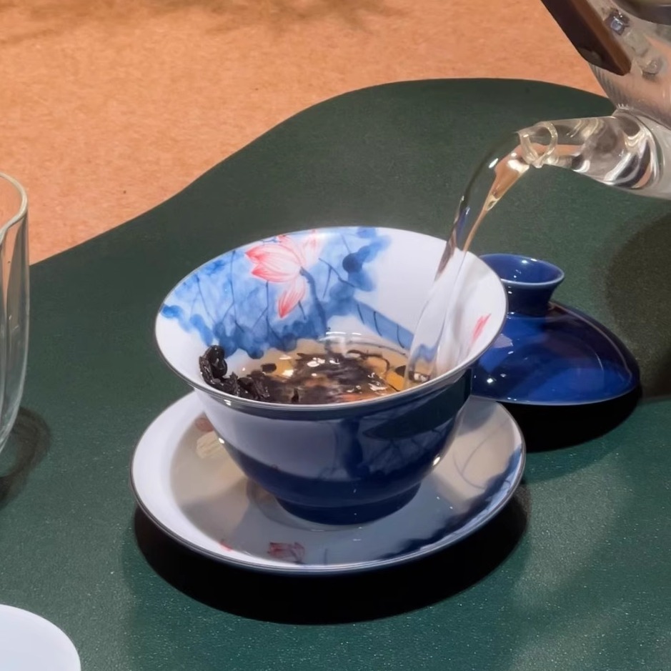 霁蓝手绘三才茶碗大号泡茶碗防烫