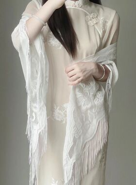 cos外搭披肩中式国风汉服旗袍女办公室薄款装饰蕾丝三角巾丝巾春
