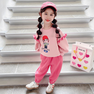 新款 童装 洋气2023秋装 儿童木耳边卫衣网红宝宝两件套 女童套装 韩版