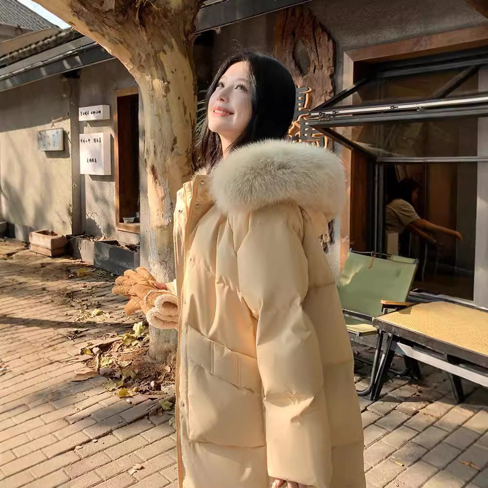 羽绒服女2025新款韩版加厚中长款连帽大毛领过膝宽松90白鸭绒外套