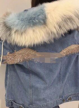 专柜直发天使钉花连帽毛领宽松牛仔皮草外套女M-694FJ3550000