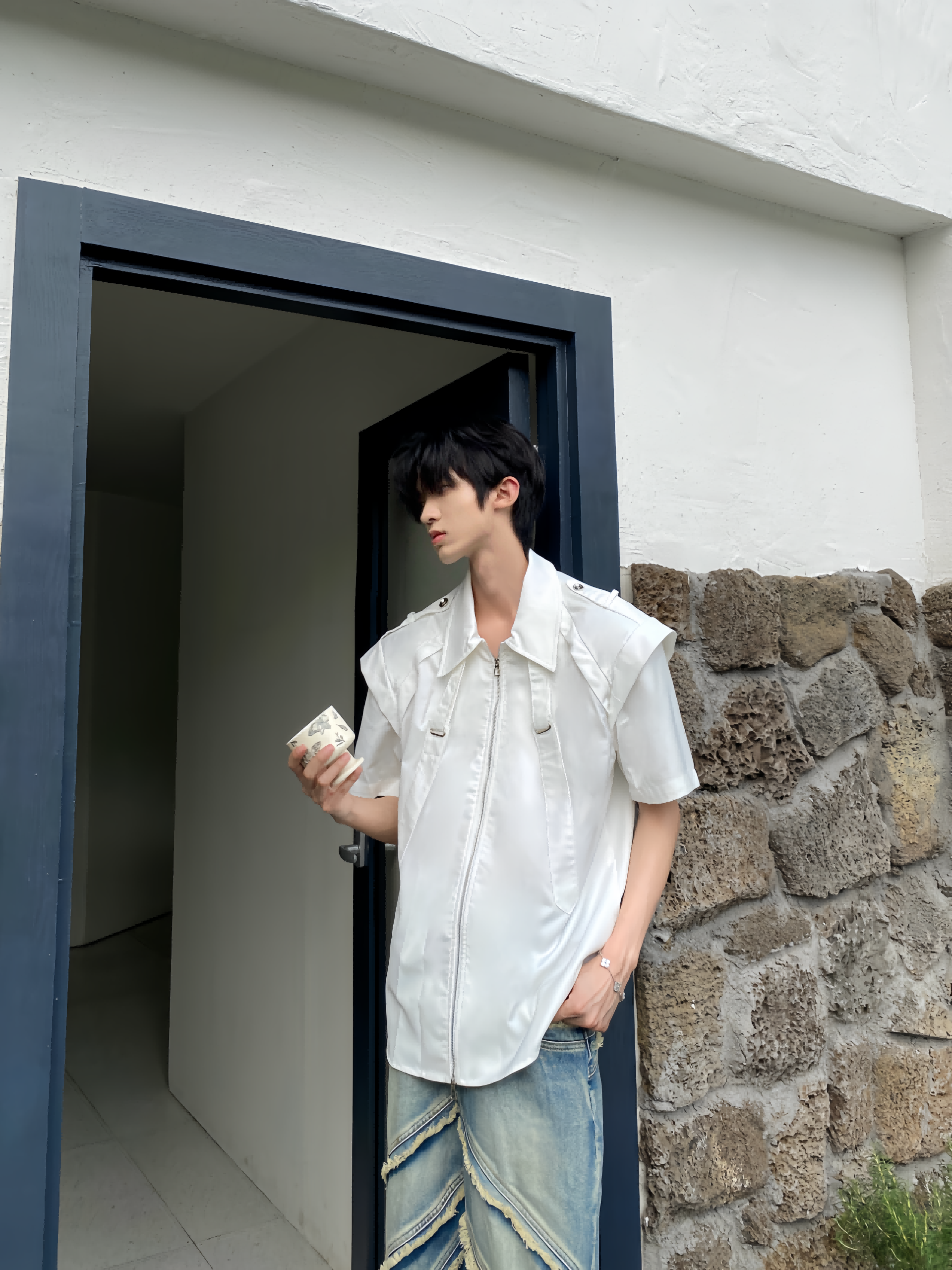 Desaturate夏季小众结构垫肩短袖衬衫男分割金属设计T恤半袖开衫