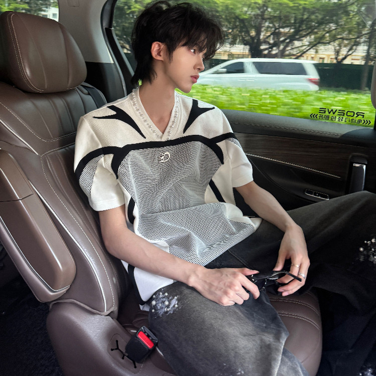 Desaturate重工网格拼接撞色垫肩圆领短袖机能设计感运动短袖上衣