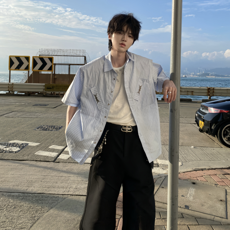 Desaturate 热恋岛屿 小众金属色线条金属设计感衬衣宽松垫肩上衣