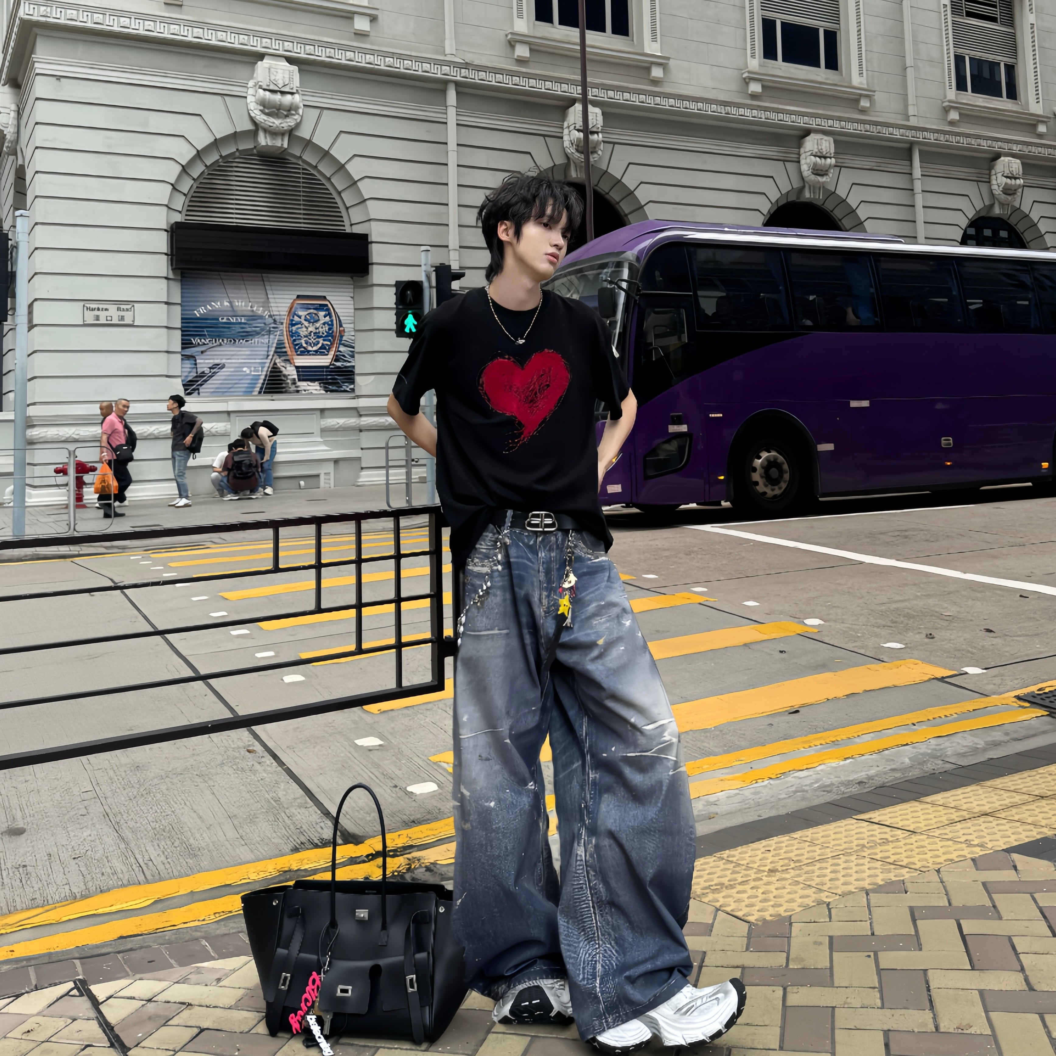 Desaturate 怦然心动植绒立体印花纯棉短袖T桖男夏季宽松半袖上衣