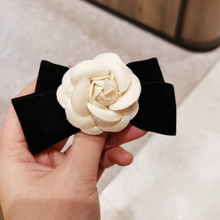 山茶花黑色蝴蝶结发夹后脑勺弹簧马尾夹半扎发顶夹高级感复古发饰